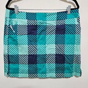 Loudmouth Golf Skort Womens L 12 Teal Blue Plaid Check Skirt Pickelball Cotton